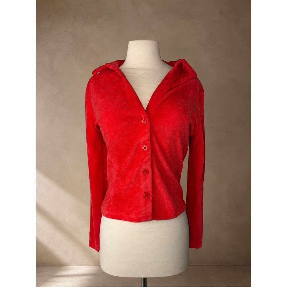 Araminta James Free People Sz M Terry Cloth Button Down Shirt Red Lounge Cotton